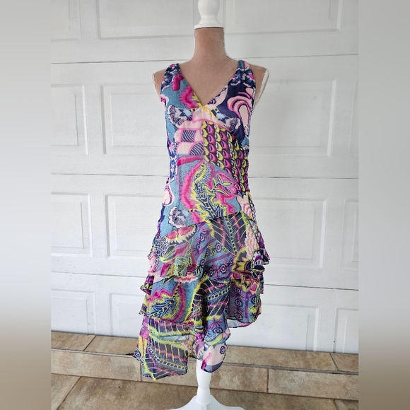 Peppe Peluso Boho Halter Dress L Bright Abstract Print Tiered Ruffle Summer - Picture 2 of 16